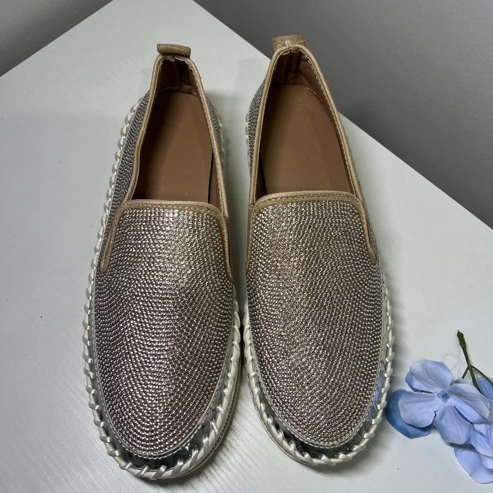 Silver Rhinestone Slip On‎ Platform Sneakers Bling Loafers Whipstitch